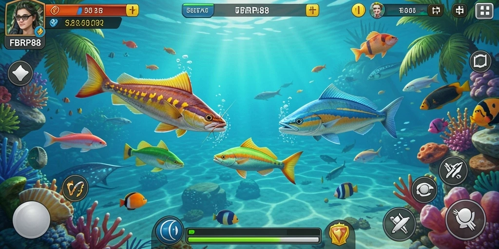 Tampilan gameplay FBRP88 dengan ikan berwarna-warni yang siap ditembak.