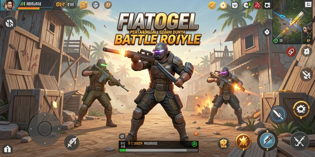 Screenshot gameplay FIATOGEL menampilkan aksi pertarungan Battle Royale yang intens.