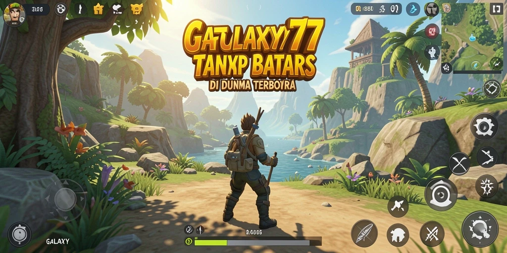 Screenshot GALAXY77 menampilkan aksi eksplorasi di dunia terbuka.