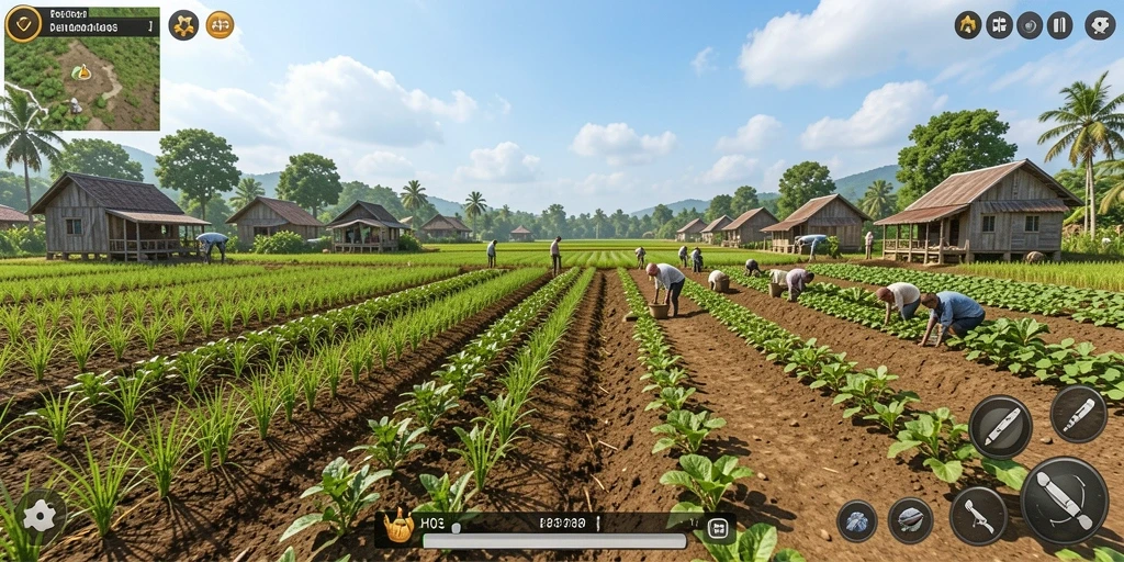 Screenshot gameplay H03 menampilkan suasana pertanian yang cerah.