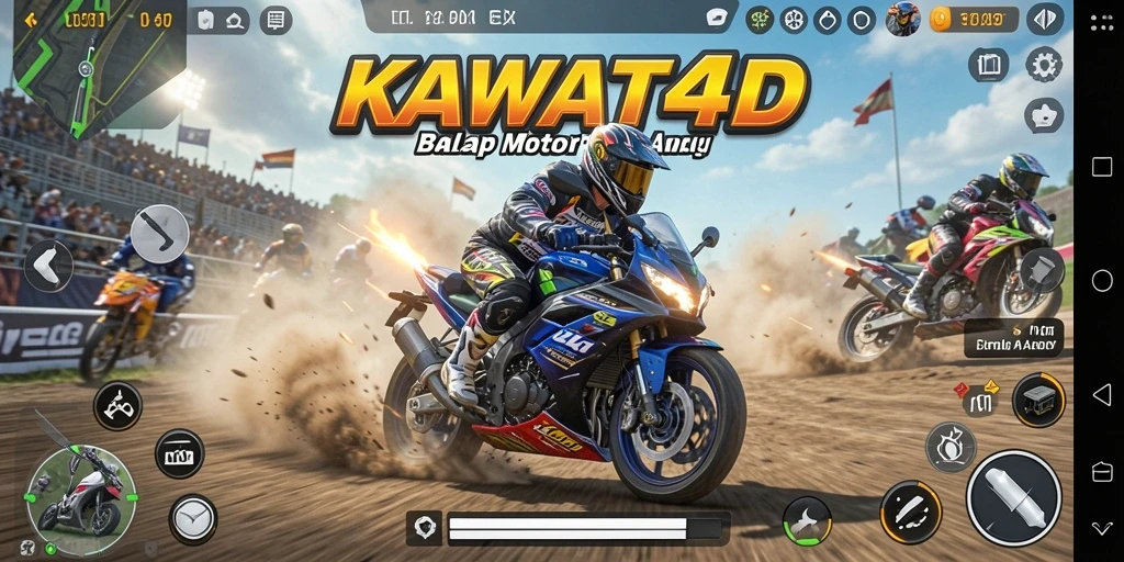 Tampilan gameplay seru dari KAWAT4D saat balapan motor.