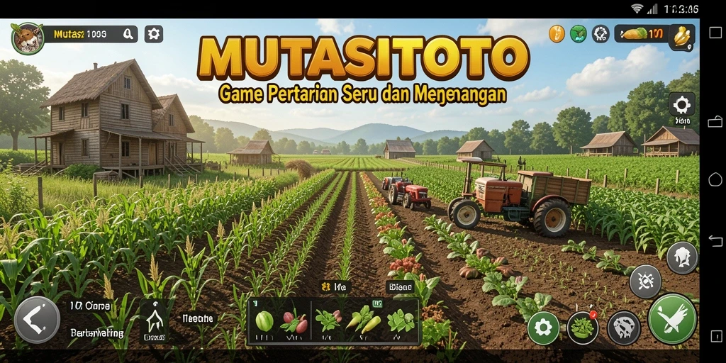 Screenshot tampilan gameplay MUTASITOTO yang menunjukkan aktivitas bertani.