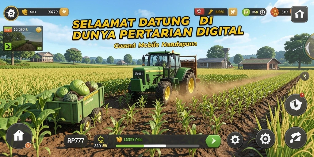 Screenshot utama RP777 menampilkan aktivitas bertani yang seru dan interaktif.